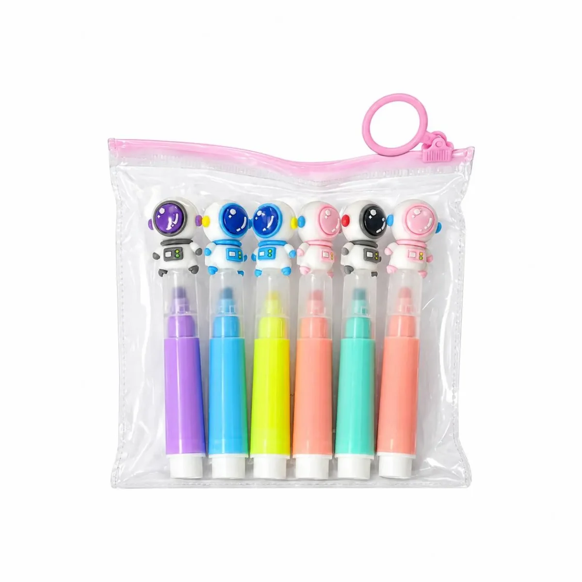 Astronaut Pen Set in Pink Zipper Pouch هایلایتر فانتزی بسته 6 تایی مدل آدم فضایی - تصویر 1